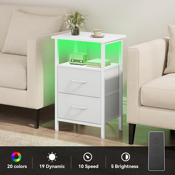 Vagusicc White Night Stand with Charger Station, LED Nightstand with 2 Fabric Drawers, Bedside Table with USB Ports and Outlets, Bed Side Tables with Storage Shelf, 24.2" Tall Nightstand for Bedroom - Image 4