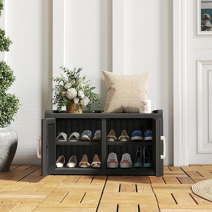NUNU LAB Shoe Cabinet, Waterproof UV-Resistant Outdoor/Indoor Shoe Storage Cabinet with Adjustable Shelves, Shoe Organizer Bench with 2 Barn Doors for Foyer, Hallway, Living Room, Black - Image 8