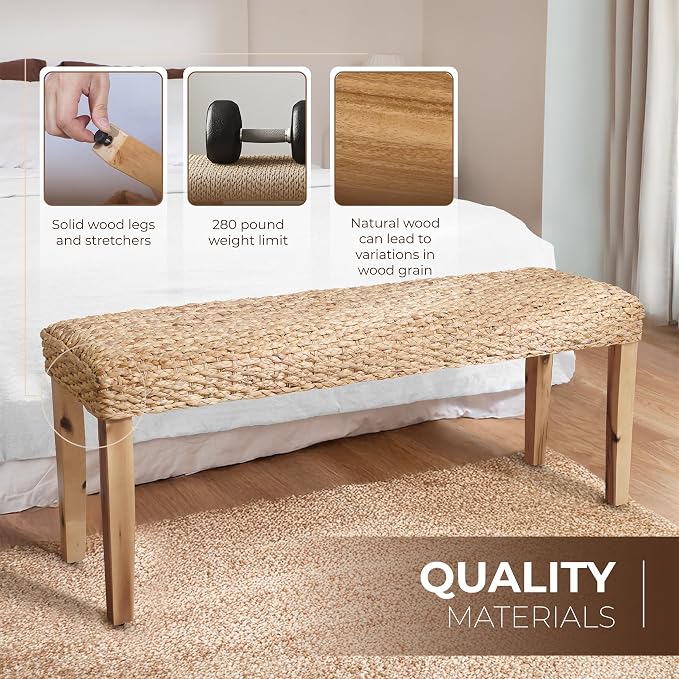 Indoor Bench Wicker for Entryway Bench, Wood Bench for Living Room Dining Bench or End of Bed Bench, 47" Boho Bench with Solid Wood Acacia & Natural Woven Seat, Rustic Farmhouse Rattan Hallway Bench - Image 7