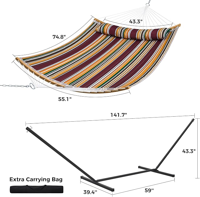 SUPERJARE Hammock with Stand, 2 Person Heavy Duty Hammock Frame, Detachable Pillow & Strong Curved-Bar & Portable Carrying Bag, Perfect for Outdoor & Indoor - Maple-Leaf Red - Image 8