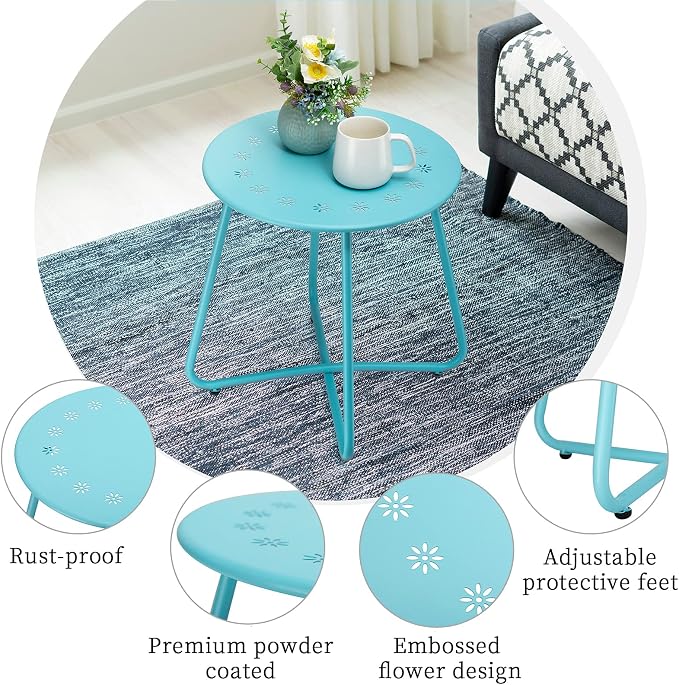 danpinera Outdoor Side Tables with Flower Cut Outs, Weather Resistant Steel Patio Side Table, Small Round Outdoor End Table Metal Side Table for Patio Yard Balcony Garden Blue - Image 6