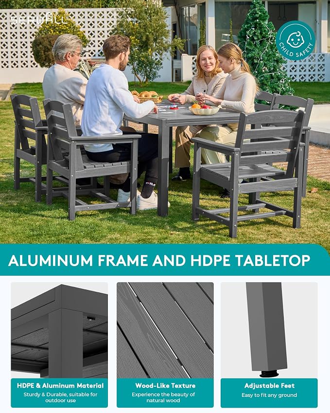 SERWALL 9-Piece Outdoor Dining Set, 60" - 83" Expandable Outdoor Dining Table and 8 HDPE Chairs, All Weather HDPE Outdoor Furniture Set for Backyard, Garden, Grey - Image 4