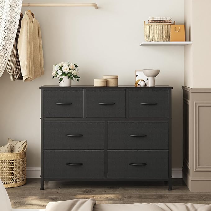 OLIXIS Dresser for Bedroom, 7 Storage Drawers, Wide Fabric Closet Chests Organizer Tower Furniture, TV Stand with Wooden Top Metal Frame for Clothes, Living Room, Hallway, Entryway, Black - Image 2