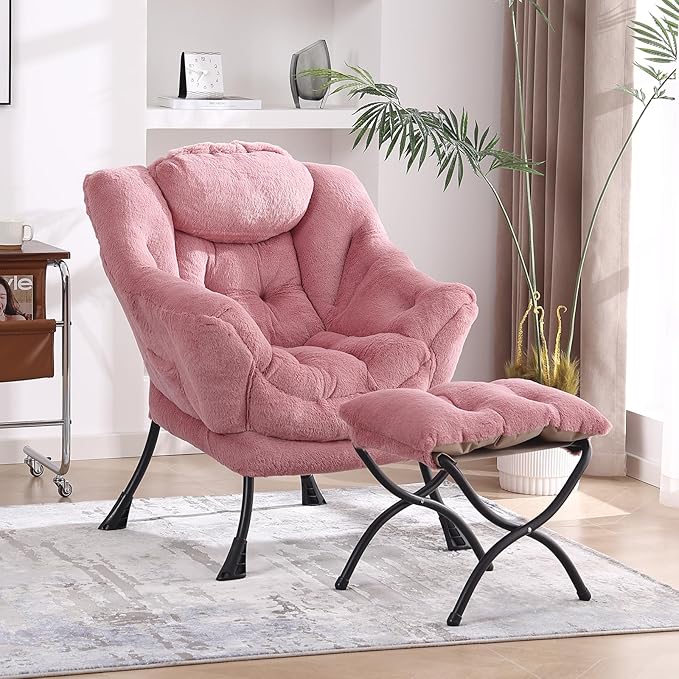 MBOOYOME Lazy Chair with Folding Ottoman, Modern Accent Armchair with Armrests and a Side Pocket & Foldable Footstool, Reading Chair for Living Room, Bedroom & Dorm, Plush Dark Pink