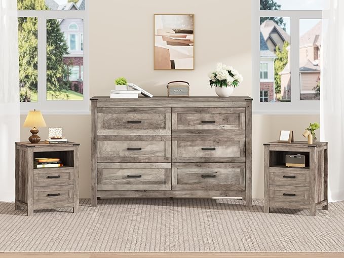 EazeHome 3-Piece Bedroom Furniture Set, 47.2” Wide Farmhouse 6-Drawer Dresser with 2 Nightstands, Retro Dresser and Nightstand Sets, Antique Gray