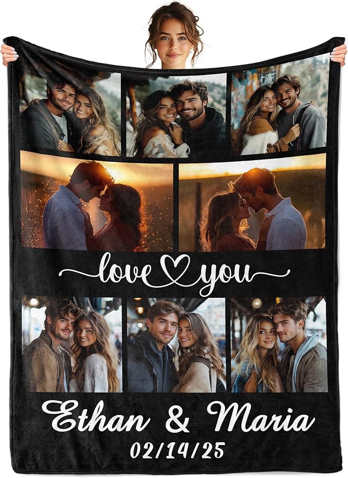 Personalized Photo Blanket with Name, Custom Valentine's Blanket with Pictures for Boyfriend Girlfriend, Customized Birthday Christmas for Husband Wife Men Women