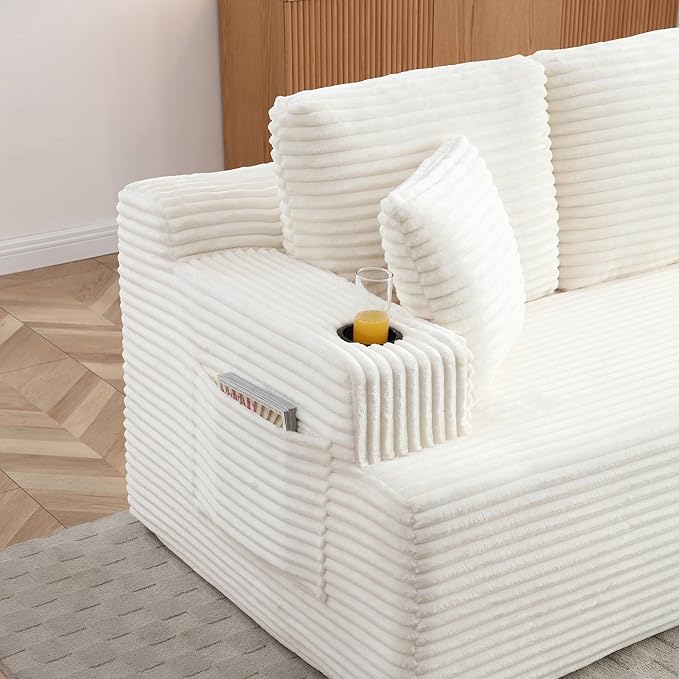 Eafurn Floor Loveseat Boneless Sofa Couch in a Box with Cup Holder and Side Pockets, 3 Seater Comfy Corduroy Upholstered Foam Couch with Deep Seating for Living Room,No Assembly | Breathable material, Cupholders