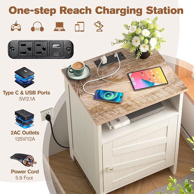 Nightstands Set of 2 with Charging Station, Farmhouse Night Stand with Open Shelf, Bedside Tables with Enclosed Cabinet, Wooden End Table with USB Ports & Outlets for Bedroom - Image 4