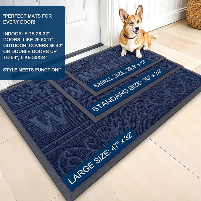 OLANLY Welcome Door Mat Indoor Outdoor Entrance, Heavy Duty Sturdy Front Door Mat, Waterproof All-Weather Doormat, Stain Resistant, Low Profile, Easy Clean Patio Entryway Mat, 36 x 24, Navy Blue - Image 3