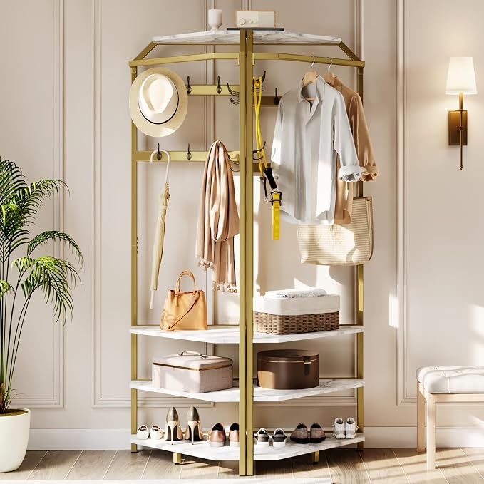 IDEALHOUSE Corner Coat Rack With Shoe Bench and 6 Double Hooks, Corner Hall Tree - Clothes Rack With Storage Hall Tree With Organizer Shelf for Entryway, Hallway, Closet (02-Gold) - Image 3