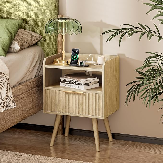 Huuger Nightstand with Charging Station, USB-C Port, Fluted Night Stand Set of 2, Bed Side Table with Drawer, Solid Wood Feet, Open Storage, End Table with Raised Edge, for Bedroom, Natural - Image 3