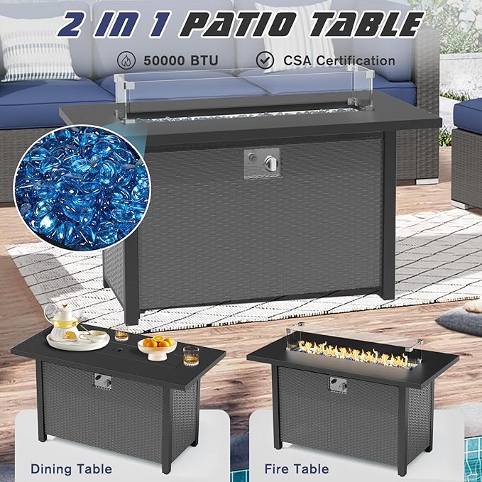 SUNCROWN Outdoor Patio Furniture Set 7 Piece Outdoor Sectional Sofa Grey Wicker Conversation Sofa Set with Coffee Table, Cushions and Fire Pit Table (Dark Blue)