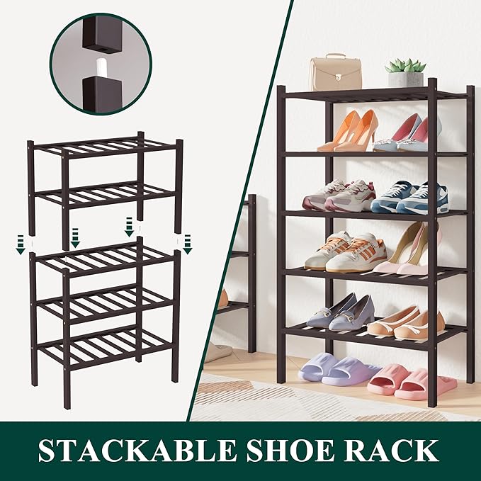 Smiry Bamboo Shoe Rack for Closet, 3 Tier Long Wooden Stackable Shoe Organizer, Free Standing Shoes Storage Shelf for Entryway, Front Door Entrance, Black - Image 3