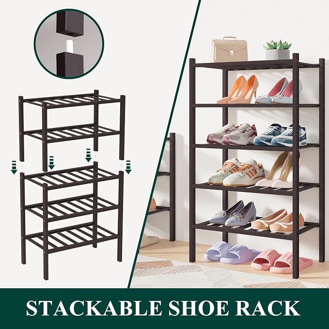 Smiry Bamboo Shoe Rack for Closet, 6 Tier Small Wooden Stackable Shoe Organizer, Free Standing Shoes Storage Shelf for Entryway, Front Door Entrance, Brown - Image 3