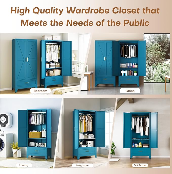 Metal Armoire Wardrobe Closet with Drawers, 71" Wardrobe Cabinet with Adjustable Shelves and Hanging Rod for Bedroom, Blue Metal Closet Storage Cabinet with 2 Doors & 1 Drawer