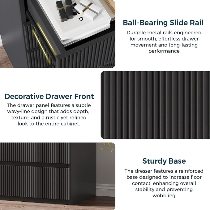Jocoevol 5 Drawer Dresser, 43" Tall Dresser Chest of Drawers Fluted Design, Wood Mid Century Vertical Dresser Natural Texture for Bedroom, Black Dresser - Image 6
