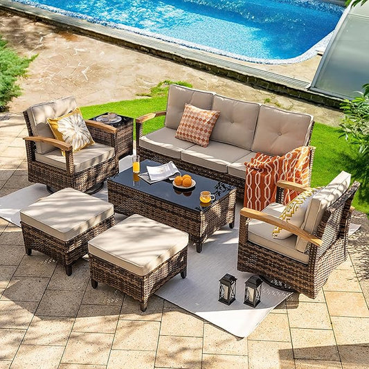 MEISSALIVVE 7 Pieces Patio Furniture Sets,Wicker Patio Conversation Sets with 2 Wood Armrests Swivel Glide Chairs, 2 Ottoman, 3-seat Sofa and Coffee Table (Beige)