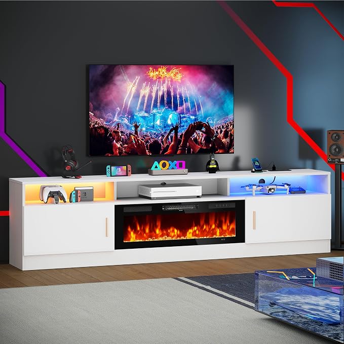 MXV 78" Fireplace TV Stand with Power Outlet for TVs UP to 90", Electric Fireplace Entertainment Center with LED Lights & Storage Cabinets, TV Console for Living Room, Office, White-Black - Image 8