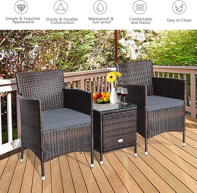HAPPYGRILL 3-Pieces Patio Furniture Set Outdoor Wicker Rattan Conversation Set with Coffee Table Chairs & Thick Cushions Bistro Sets for Patio Garden Lawn Backyard Pool