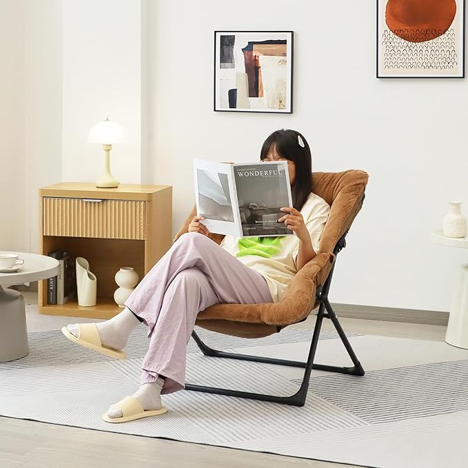 Comfy Saucer Chair for Adults, Soft Faux Fur Bedroom Chair, Accent Dorm Chairs, Flexible Living Room Reading Chairs, Oversized Folding Seat for Teens, X-Large, Brown