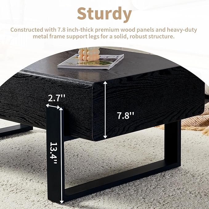 47.24" Rectangle Coffee Table, Wood Coffee Table Center Table with 7.8" Thick Tabletop Metal Legs Rounded Corners for Living Room Office, Black