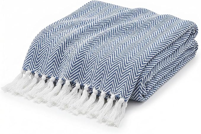 Americanflat 50x60 Throw Blanket - Soft and Breathable Cotton Throw Blanket for Couch, Bed, Chair - Decorative Blankets Perfect for Home, Office, or Outdoor Use - Blue and White Herringbone Design