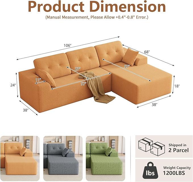 Ball & Cast 106" Cloud Modular Sectional Sofa, Boneless Chenille Couch with Deep Seat, Comfy L-Shaped Sectional, Modern Upholstered Sofa for Living Room, No Assembly (Orange, Right Facing Chaise)