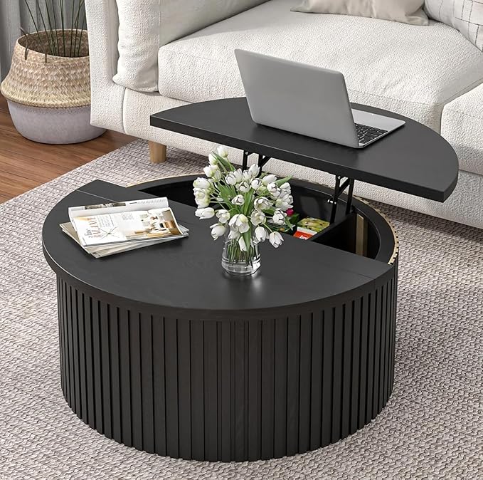 Fluted Lift Top Coffee Table with Hidden Storage, 31.6 Inch Round Coffee Tables for Living Room, Modern Circle Wood Center Tables for Home (Black)