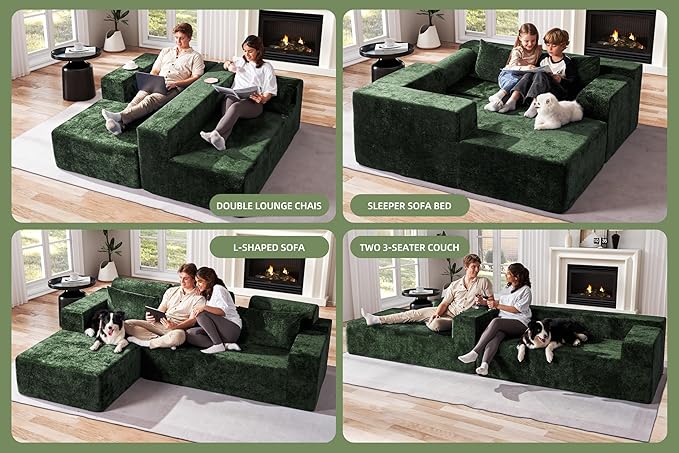 Homguava Modular Sectional Couches for Living Room,105" Cloud Couch with L-Shape Chaise,Comfy Sofa Living Room Couch with Deep Seat,No Assembly L Couch,Luxury Distressed Velvet(Green,L)