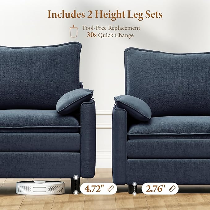 Vesgantti 108" U Shaped Sectional Couch, Deep Seat Cloud Modular Sectional Sofa with 2 Ottoman, Modern Chenille Cloud Sofa Height Adjustable for Living Room, Bedroom and Apartment, Blue