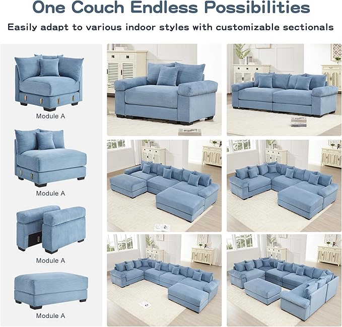 KEIKI 130" U-Shaped Oversized Corduroy Modular Cloud Sectional Sofa with 2 Ottoman, High-Density Foam Cushion, Extra-Thick Armrest, 3-Seater Fluffy Corner Couch with 9 Pillow, for Living Room, Blue