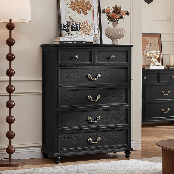 Joaxswe Farmhouse 6 Drawer Dresser Set of 2 for Bedroom, 42" Tall Rustic Chests of Drawers w/ 4 Solid Wood Feet, Mid Century Vintage Wooden Closet Storage Dressers Organizer for Living Room,Black - Image 6