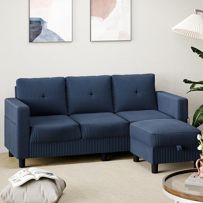 Shintenchi 76" Modern Upholstered Sectional Sofa, L-Shaped Couch with Storage Ottoman and Reversible Chaise for Living Room, Blue Corduroy Fabric