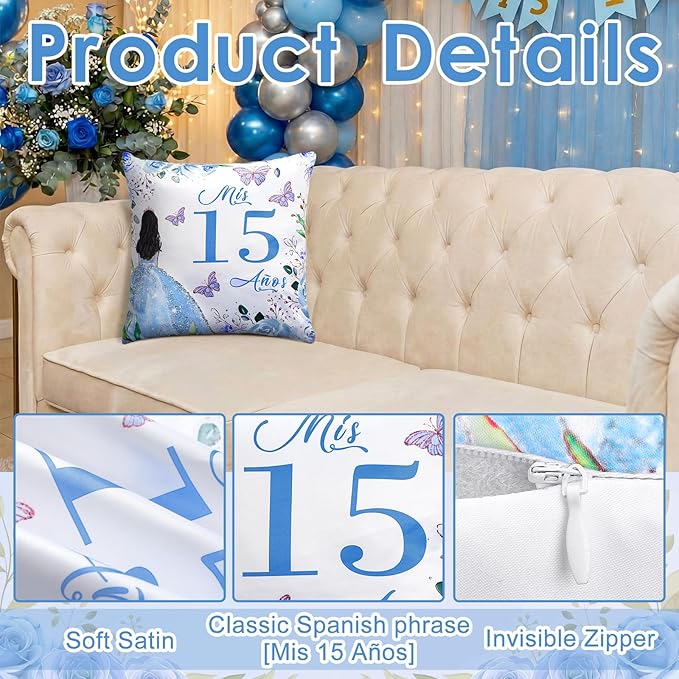 Kathfly Cojines para 15 Años De Quinceañera Decoration 16 x 16 Inche Blue Quinceañera Pillow Gifts Mis Xv Años Throw Pillow Sweet for Daughter Sister Friend 15th Birthday Gifts