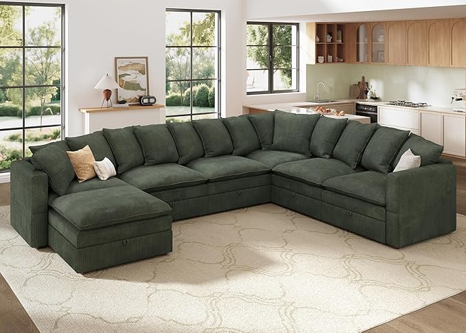 HONBAY Modular Sectional Sofa with Ottoman, 7 Seat U Shaped Couch with Storage & Pillows, 137 Inch Oversized Sectional Sofa for Living Room, Green