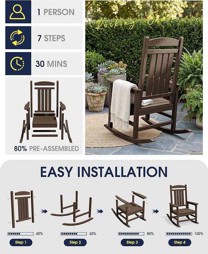 KINGYES Oversized Outdoor Rocking Chair Set 2, All Weather HDPE Patio Rocking Chairs for Adults, Coffee Brown - Image 7