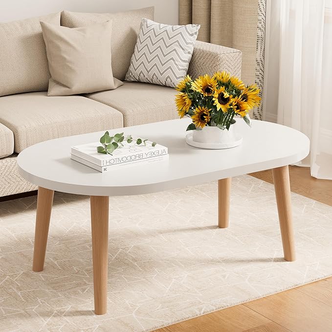 Coffee Table Low Table with Solid Wood Legs, Small Oval Coffee Table Side Table, Floor Table Desk for Sitting on The Floor, Storage and Living Room Furniture for Office Apartment Home, White
