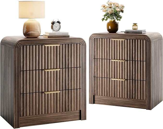 Decofy Fluted Nightstand with Charging Station, Modern Bedroom Side Table with Gold Handles, Curved Profile Design, End Table Wood Organizer for Bedroom, 19.7" & 3 Drawers (2 Pack, Walnut) by Decofy