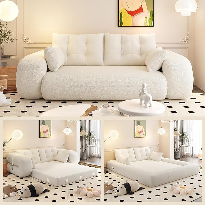 78.7" Convertible Sofa Bed, 3-in-1 Folding Floor Couch with 4 Pillows, Sleeper Sofa for Living Room and Guest Bed, No Assembly Required (Beige, Teddy Fabric)