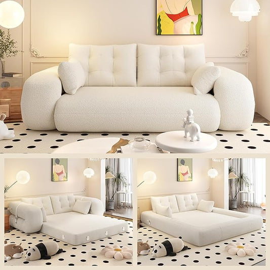 78.7" Convertible Sofa Bed, 3-in-1 Folding Floor Couch with 4 Pillows, Sleeper Sofa for Living Room and Guest Bed, No Assembly Required (Beige, Teddy Fabric)