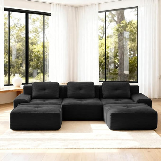 Casaphoria 115'' Black Modular Sofa Set, 3-Seat U-Shaped Corduroy Couch with 2 Ottomans for Large Living Room No Assembly Required Deep Seat Sectional Couch