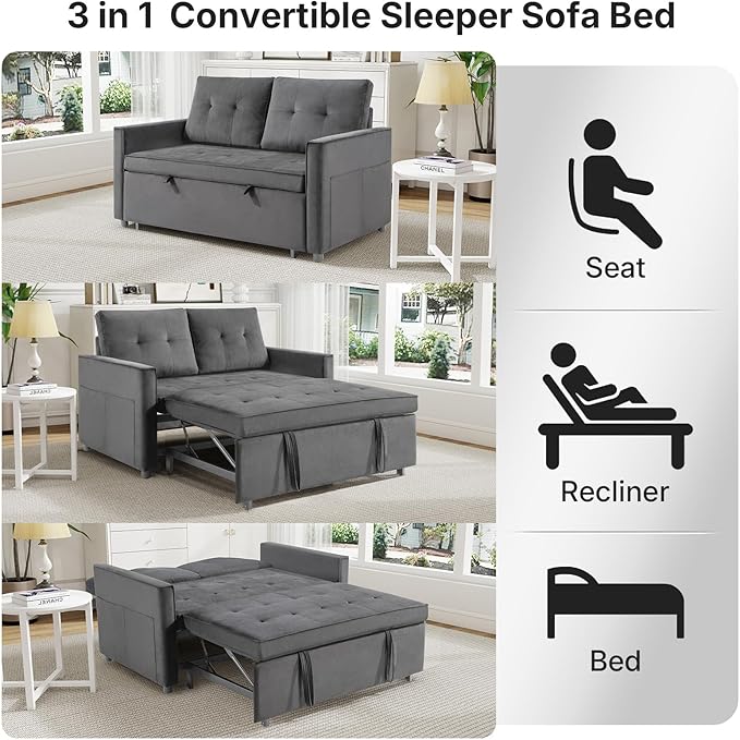 Rovibek 3-in-1 Velvet Sleeper Sofa Bed, Convertible Pull Out Couch for Living Room with Adjustable Backrest, Side Pockets, Velvet Fabric Loveseat Sofa for Apartment, Grey
