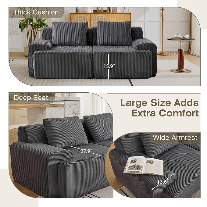 Modular Sectional Sofa, Boneless Couches for Living Room, Corduroy Couch, Big Comfy Couch, Modular Cloud Sofa with Deep Seat (Grey, 2 Pieces-Loveseat)