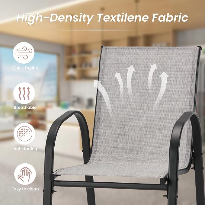 HOMREST Outdoor Bar Height Stools Set of 8,High Back Patio Chairs with Armrests,Textilene Chairs with Breathable Fabric & Metal Frame for All Weather,Light Grey - Image 6