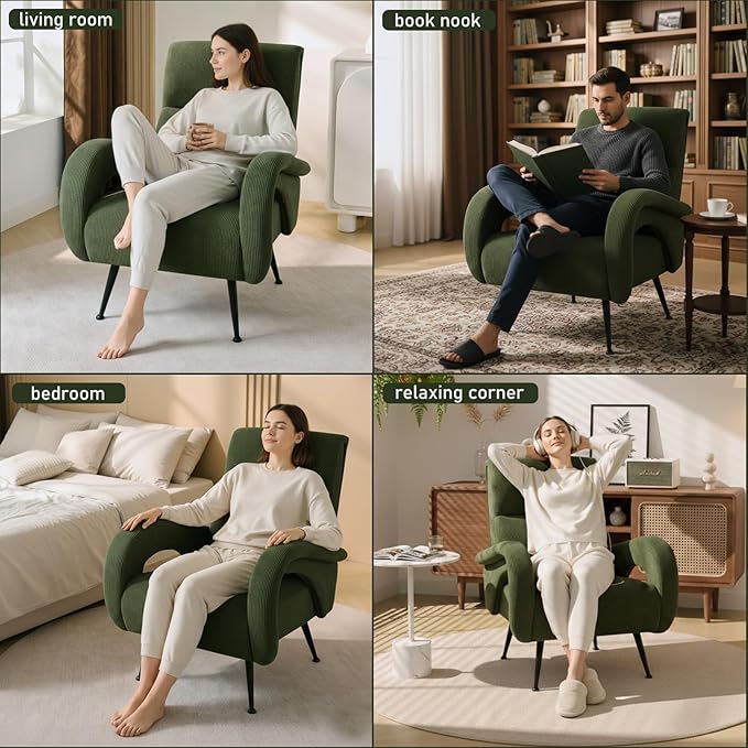 Corduroy Living Room Accent Chairs, High Back Reading Chairs for Bedroom, Modern Comfy Upholstered Armchairs for Bedroom, Reading Nook, Apartment, Forest Green