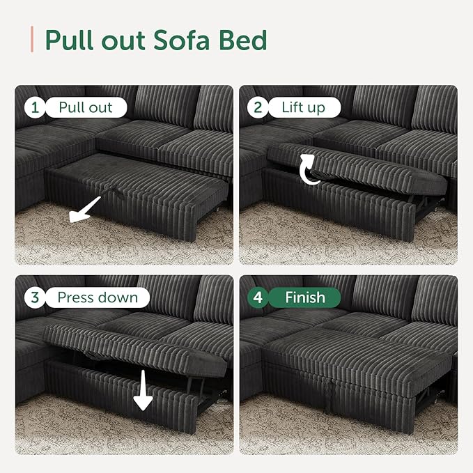 HONBAY Modular Sectional Sleeper Sofa with Pull Out Bed,Corduroy L Shaped Couch with Storage, Sectional Couches for Living Room,Dark Grey