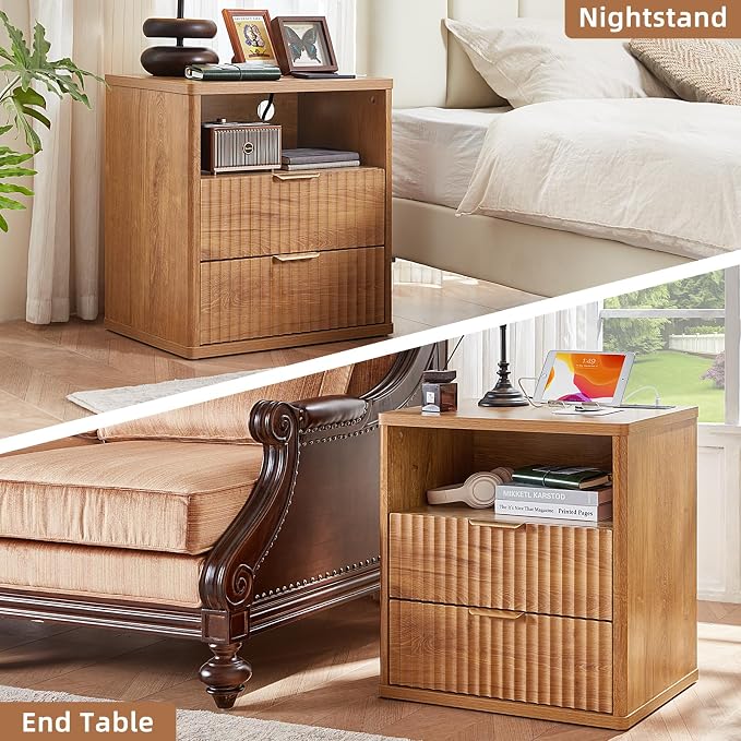 LEYAOYAO Fluted Nightstand with Charging Station, 23" Wide 2 Drawers End Table, Brown Night Stand with Open Storage Cabinet, Farmhouse Bed Side Tables, Wood Dresser for Bedroom, Living Room, Closet - Image 9