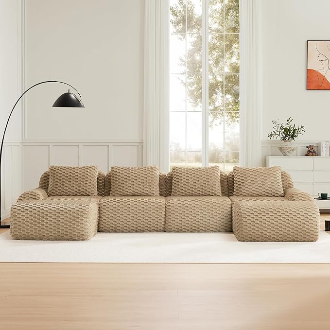 146" U-Shaped Compressed Sectional Cloud Sofa, Flannel Upholstered Modular Deep Seat Sofa with 6 Pieces, Symmetrical Boneless Foam Modular Cloud Couches for Living Room