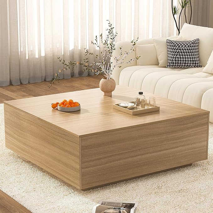 47 Inch Large Square Coffee Table with Storage,Modern Wooden Coffee Tables with 2 Drawers Storage for Living Room,Mid Century Tea Table/Aesthetic Coffee Table Center Table for Home Office(Oak)