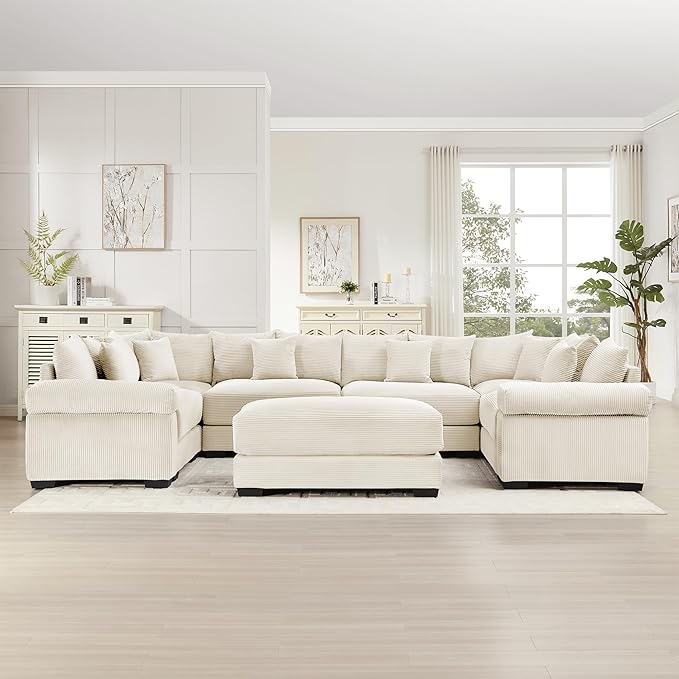 KEIKI 138" U-Shaped Oversized Corduroy Modular Cloud Sectional Sofa with 1 Ottoman, High-Density Foam Cushion, Extra-Thick Armrest, 6-Seater Fluffy Corner Couch with 20 Pillow, for Living Room, Beige